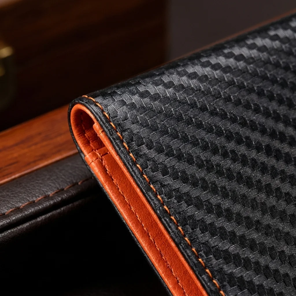 Close-up of the Cordault Strata carbon-inspired finish and orange interior edge