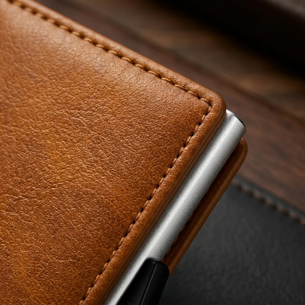 Close-up of the Cordault Vault Camel finish and stitched edge